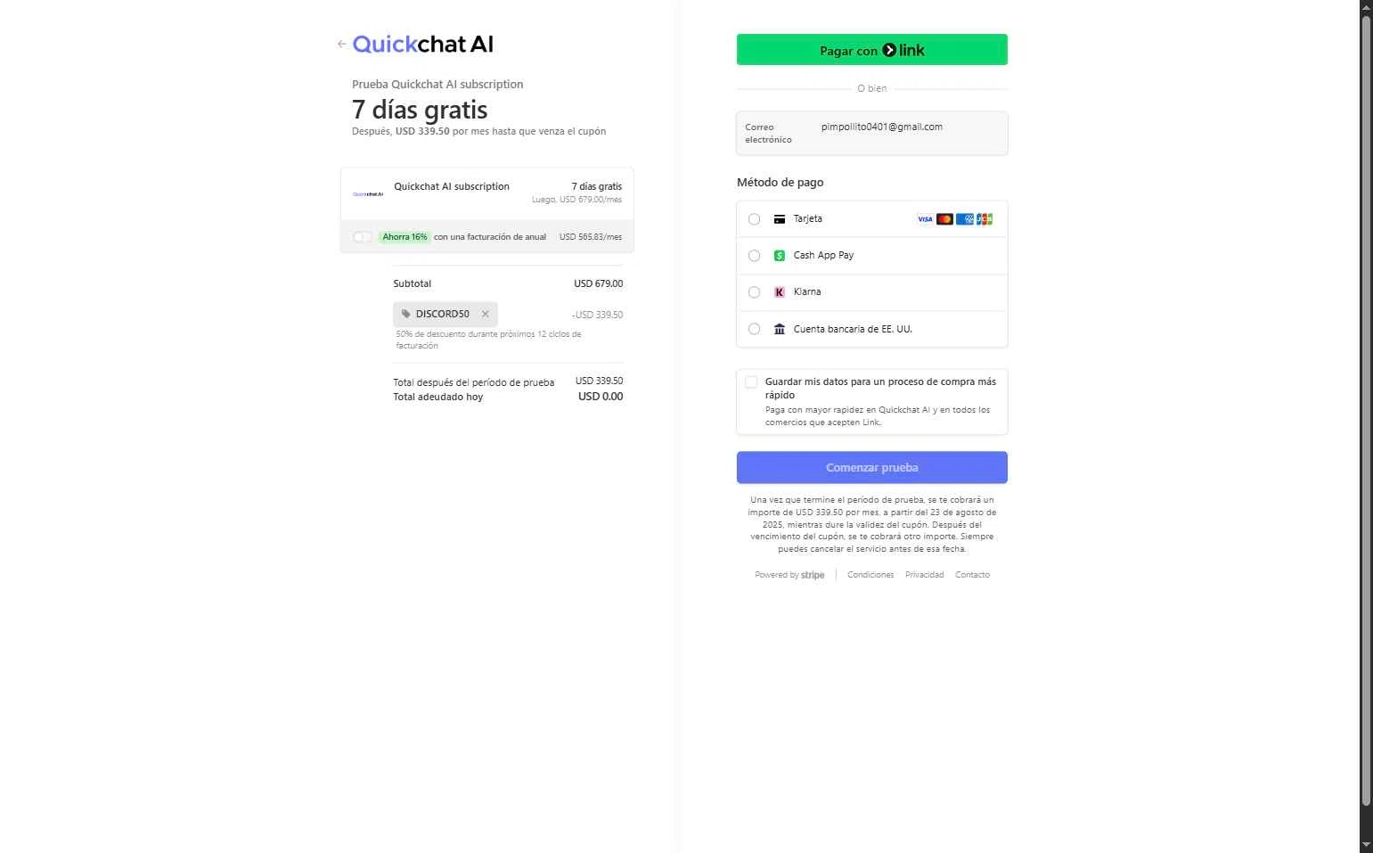 Quickchat AI checkout page showing Quickchat AI promo code box | Screenshot taken by SimplyCodes community member on Aug 16, 2025
