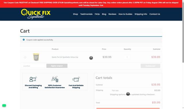 Quick Fix Synthetic checkout page showing Quick Fix Synthetic coupon code box | Screenshot taken by SimplyCodes community member on Aug 29, 2025