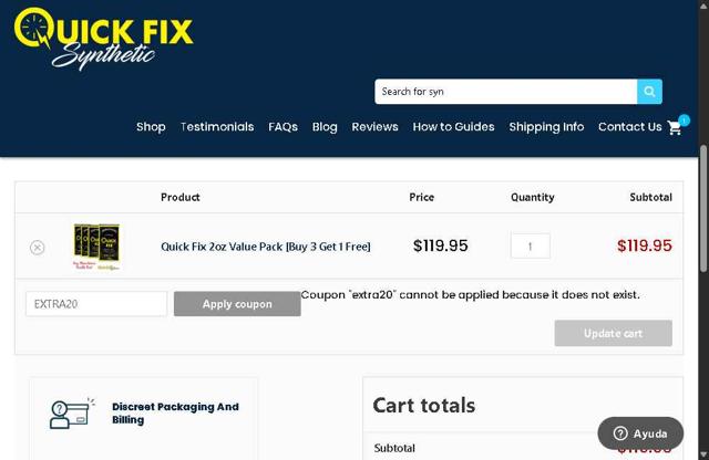 Quick Fix Synthetic checkout page showing Quick Fix Synthetic coupon code box | Screenshot taken by SimplyCodes community member on Sep 12, 2025