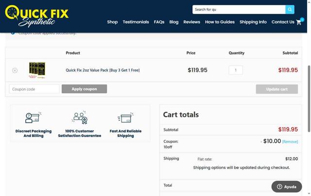 Quick Fix Synthetic checkout page showing Quick Fix Synthetic coupon code box | Screenshot taken by SimplyCodes community member on Sep 3, 2025