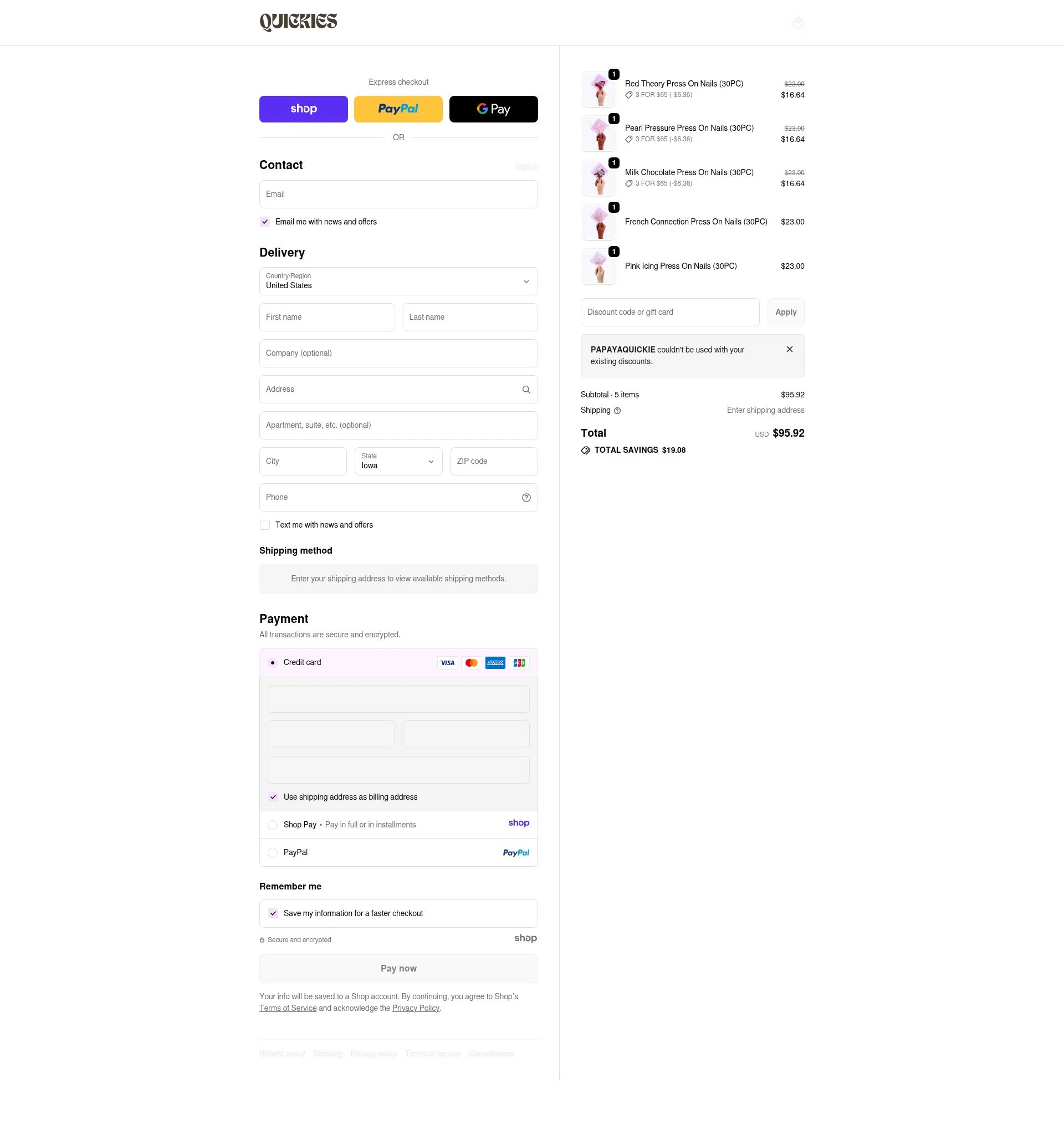 Quickies checkout page showing Quickies discount code box | Screenshot taken by SimplyCodes community member on Dec 23, 2025