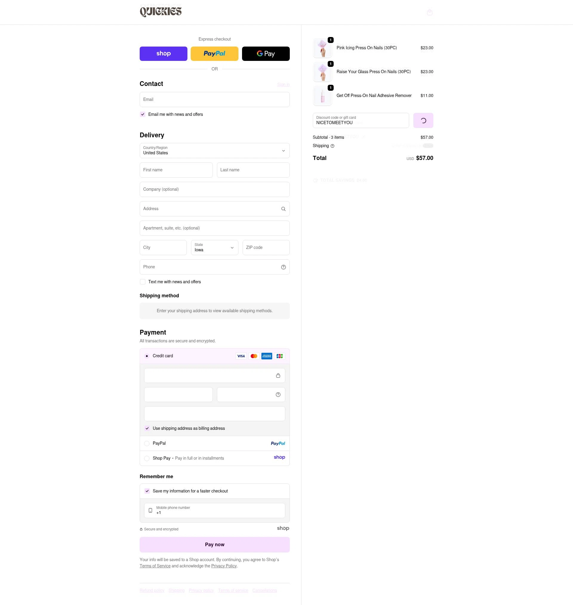 Quickies checkout page showing Quickies discount code box | Screenshot taken by SimplyCodes community member on Dec 16, 2025