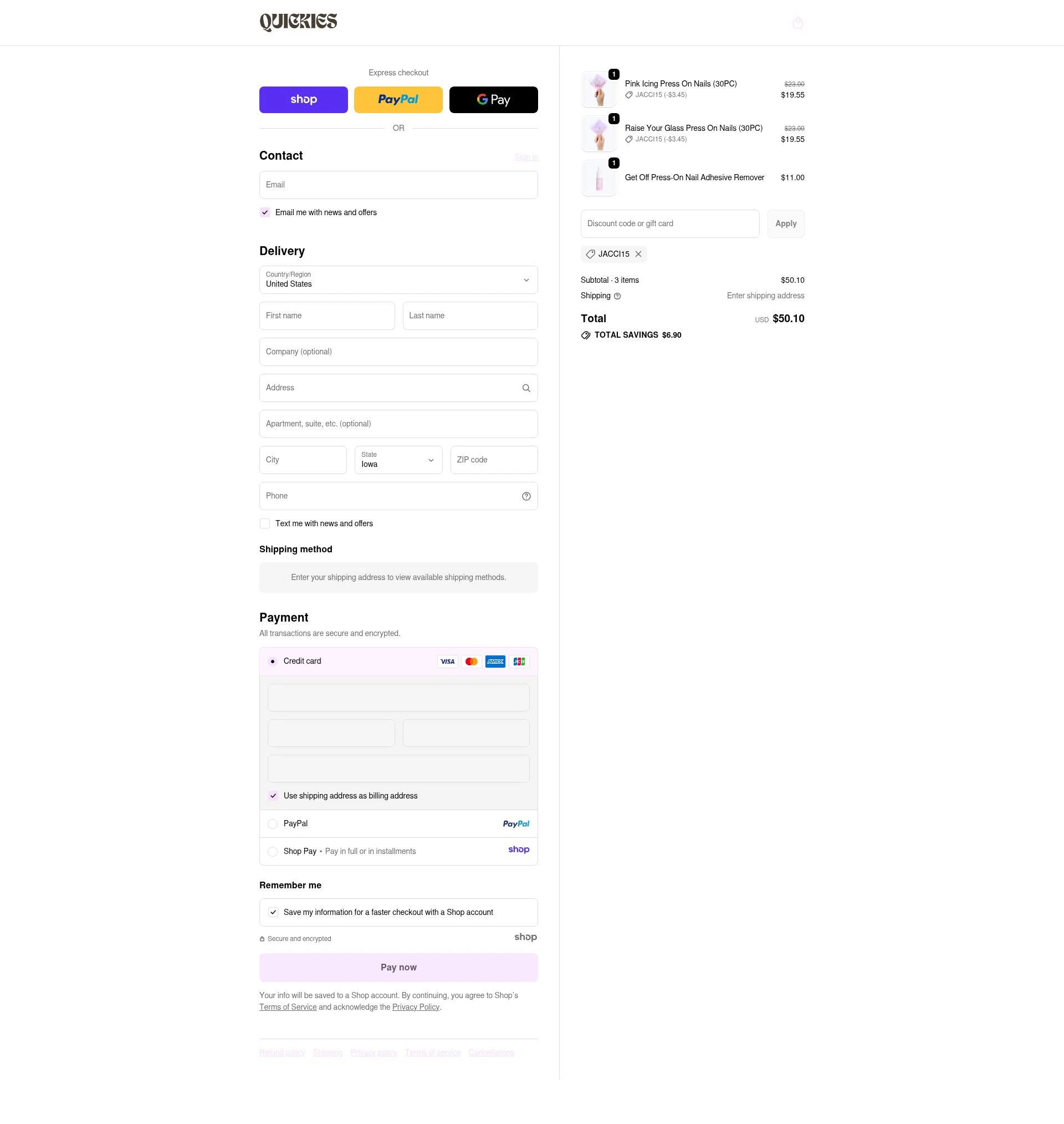 Quickies checkout page showing Quickies discount code box | Screenshot taken by SimplyCodes community member on Dec 10, 2025