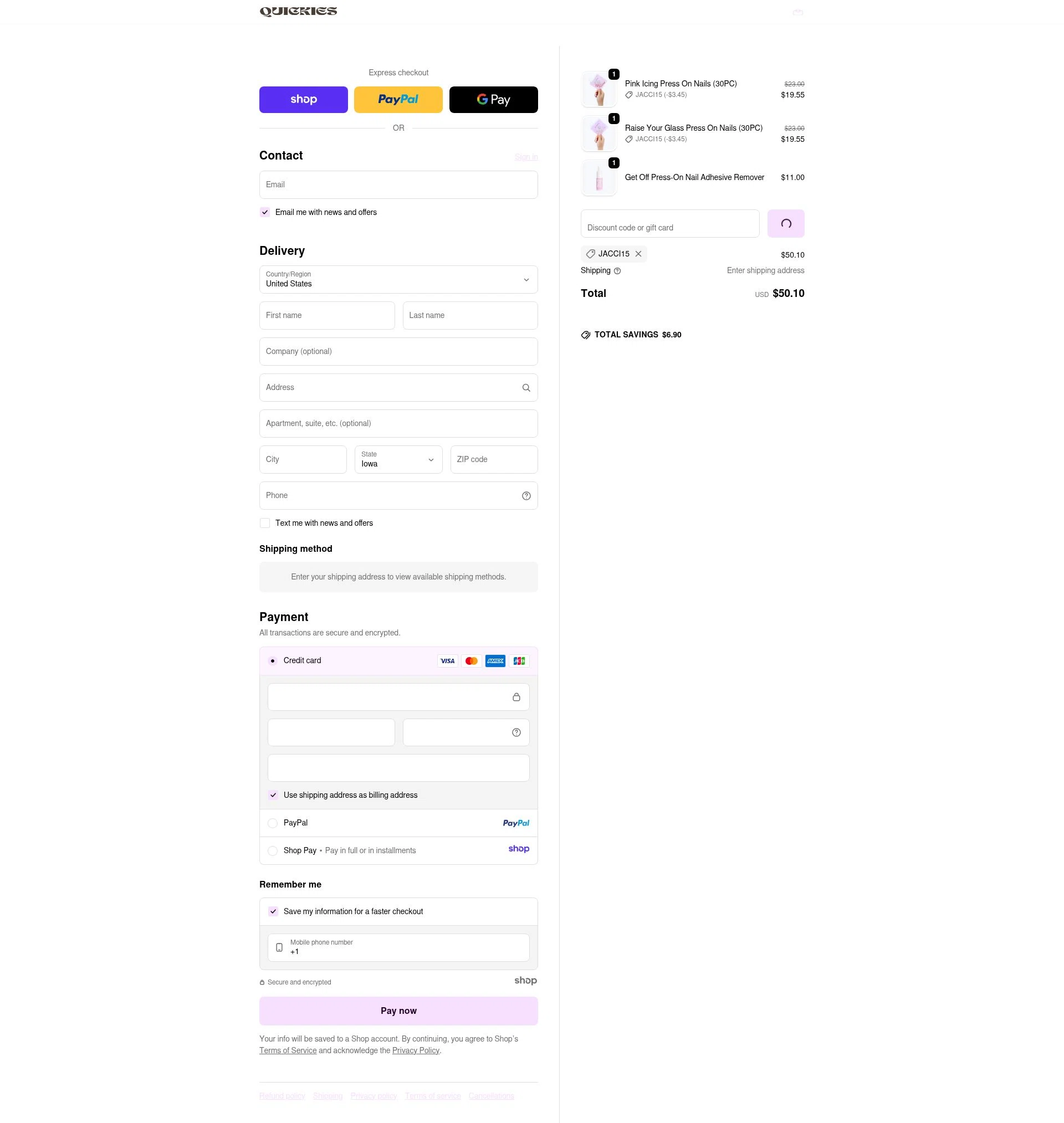 Quickies checkout page showing Quickies discount code box | Screenshot taken by SimplyCodes community member on Dec 16, 2025