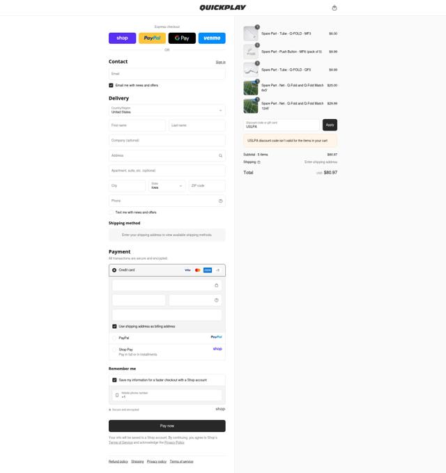 QUICKPLAY checkout page showing QUICKPLAY discount code box | Screenshot taken by SimplyCodes community member on Sep 13, 2025