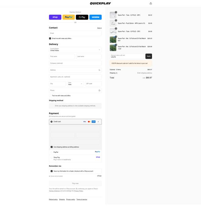 QUICKPLAY checkout page showing QUICKPLAY discount code box | Screenshot taken by SimplyCodes community member on Sep 9, 2025