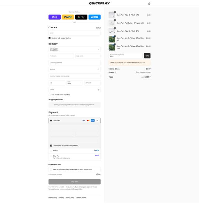 QUICKPLAY checkout page showing QUICKPLAY discount code box | Screenshot taken by SimplyCodes community member on Sep 13, 2025