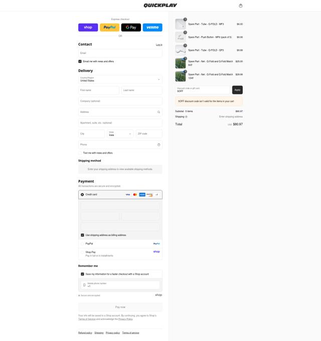 QUICKPLAY checkout page showing QUICKPLAY discount code box | Screenshot taken by SimplyCodes community member on Sep 5, 2025