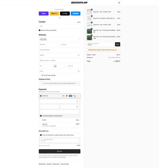 QUICKPLAY checkout page showing QUICKPLAY discount code box | Screenshot taken by SimplyCodes community member on Sep 5, 2025