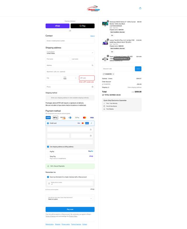 Quick Ship Electronics checkout page showing Quick Ship Electronics coupon code box | Screenshot taken by SimplyCodes community member on Sep 12, 2025