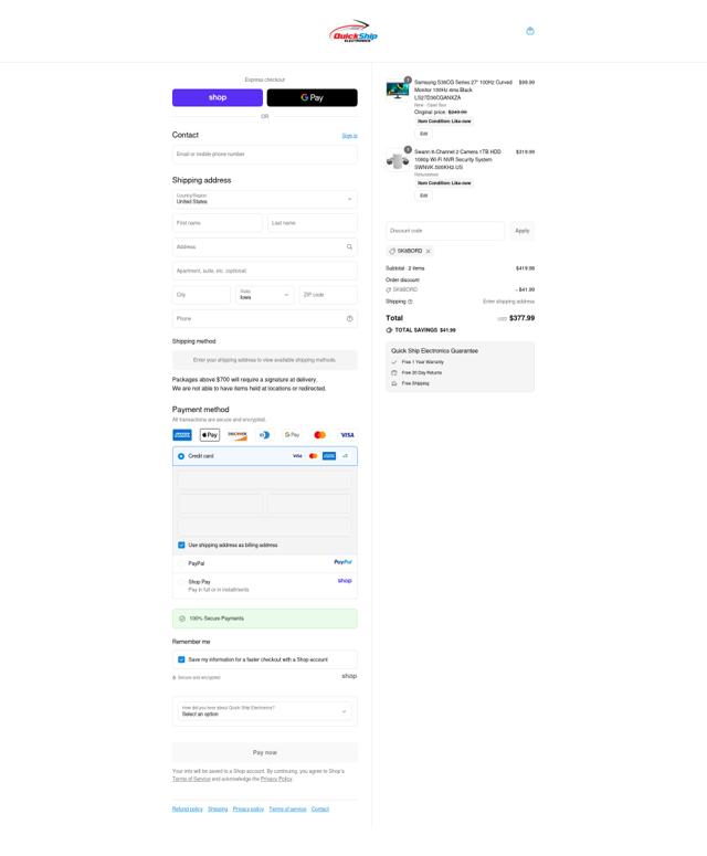 Quick Ship Electronics checkout page showing Quick Ship Electronics coupon code box | Screenshot taken by SimplyCodes community member on Sep 16, 2025