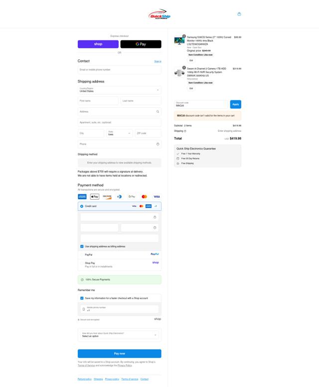 Quick Ship Electronics checkout page showing Quick Ship Electronics coupon code box | Screenshot taken by SimplyCodes community member on Sep 16, 2025