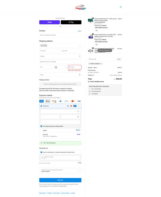 Quick Ship Electronics checkout page showing Quick Ship Electronics coupon code box | Screenshot taken by SimplyCodes community member on Sep 12, 2025