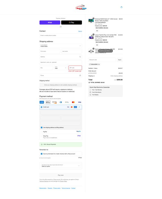 Quick Ship Electronics checkout page showing Quick Ship Electronics coupon code box | Screenshot taken by SimplyCodes community member on Sep 12, 2025