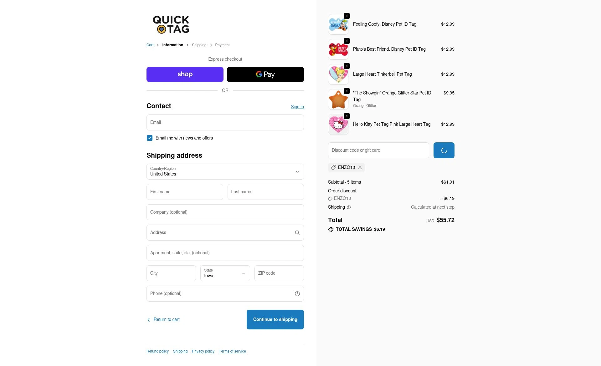 Quick-Tag checkout page showing Quick-Tag coupon code box | Screenshot taken by SimplyCodes community member on Feb 5, 2026