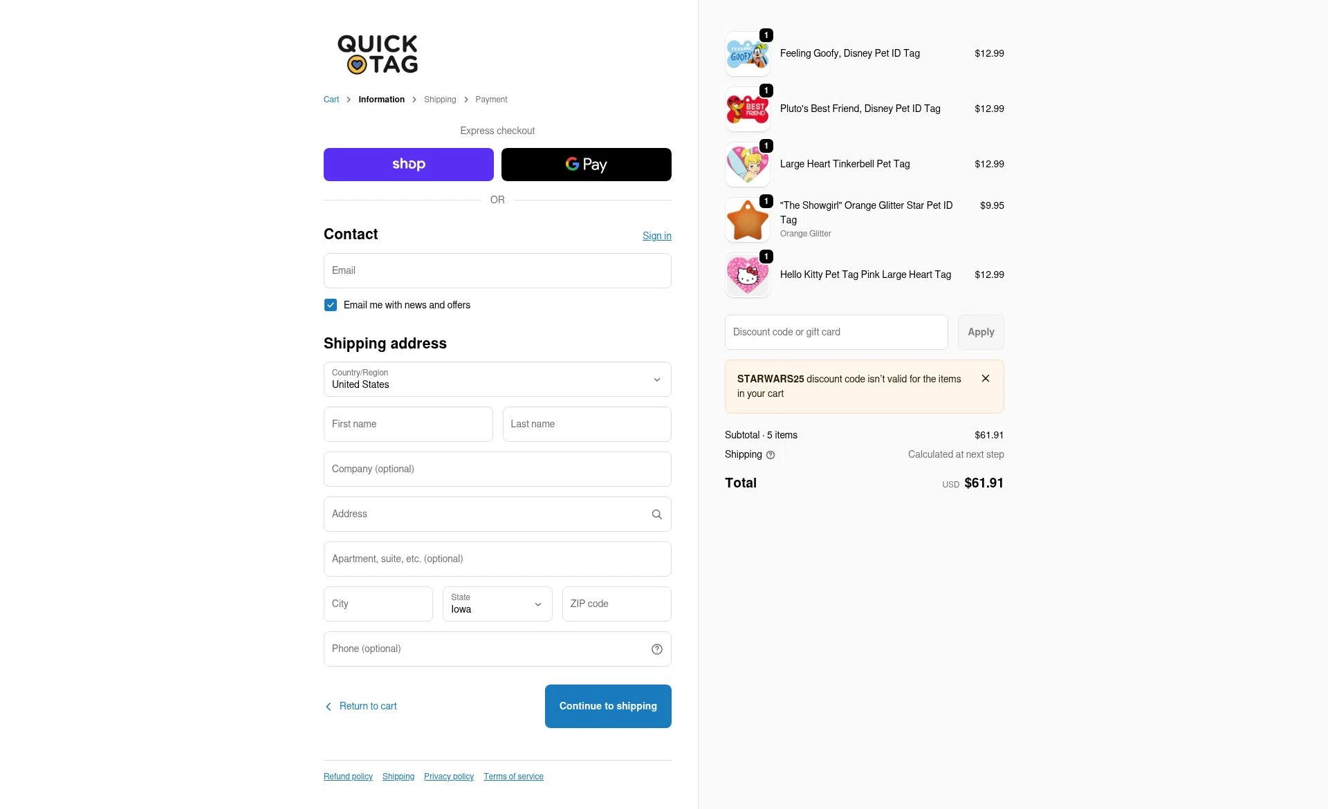 Quick-Tag checkout page showing Quick-Tag coupon code box | Screenshot taken by SimplyCodes community member on Feb 1, 2026