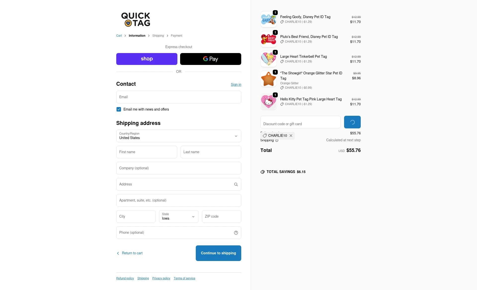 Quick-Tag checkout page showing Quick-Tag coupon code box | Screenshot taken by SimplyCodes community member on Feb 5, 2026