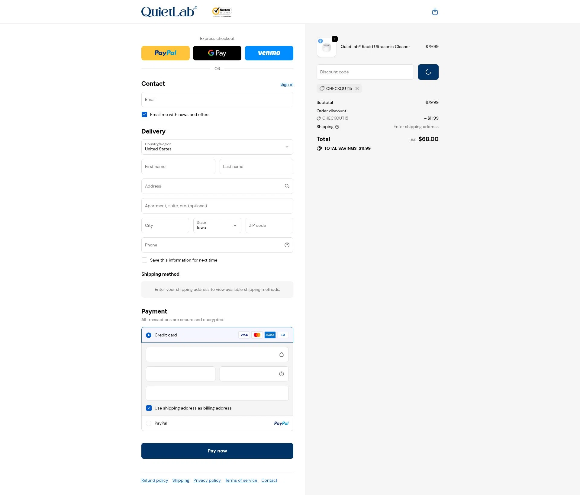 QuietLab checkout page showing QuietLab coupon code box | Screenshot taken by SimplyCodes community member on Feb 4, 2026
