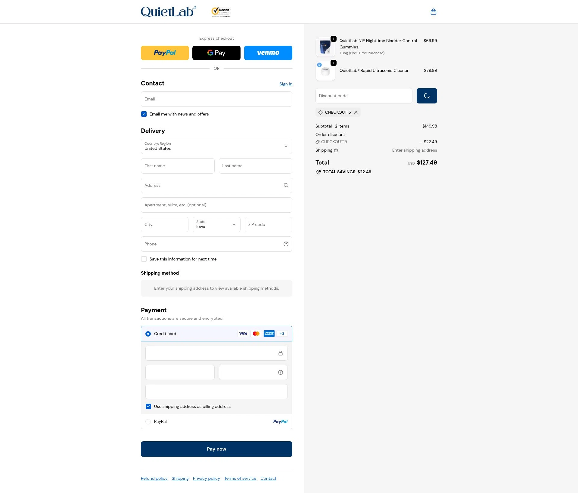 QuietLab checkout page showing QuietLab coupon code box | Screenshot taken by SimplyCodes community member on Jan 30, 2026