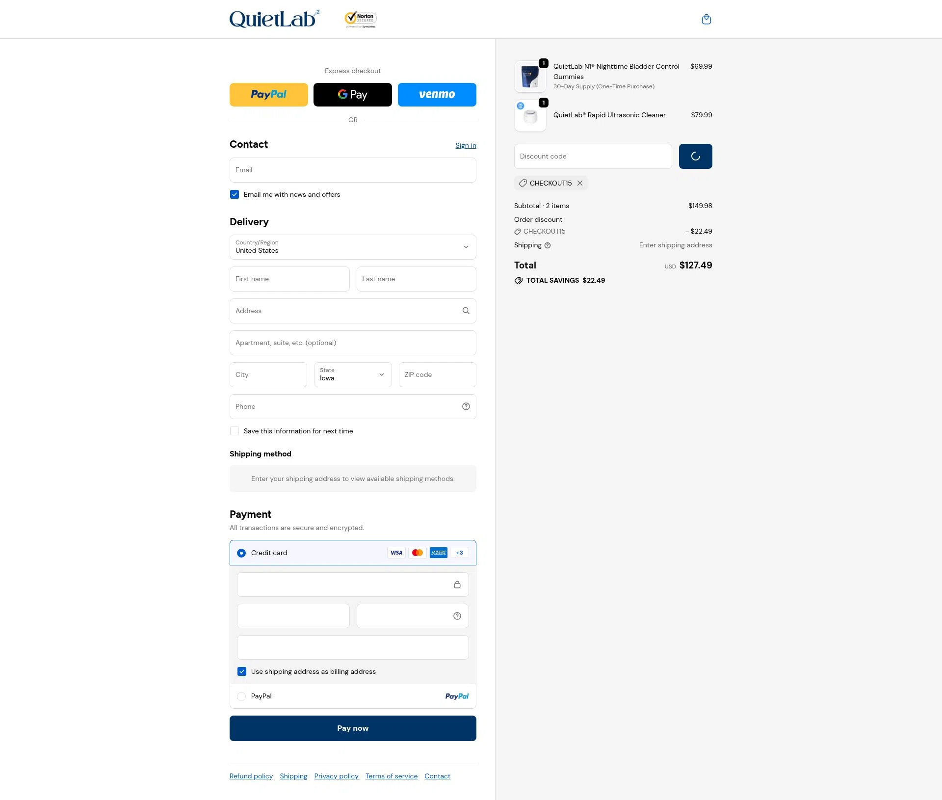 QuietLab checkout page showing QuietLab coupon code box | Screenshot taken by SimplyCodes community member on Jan 1, 2026