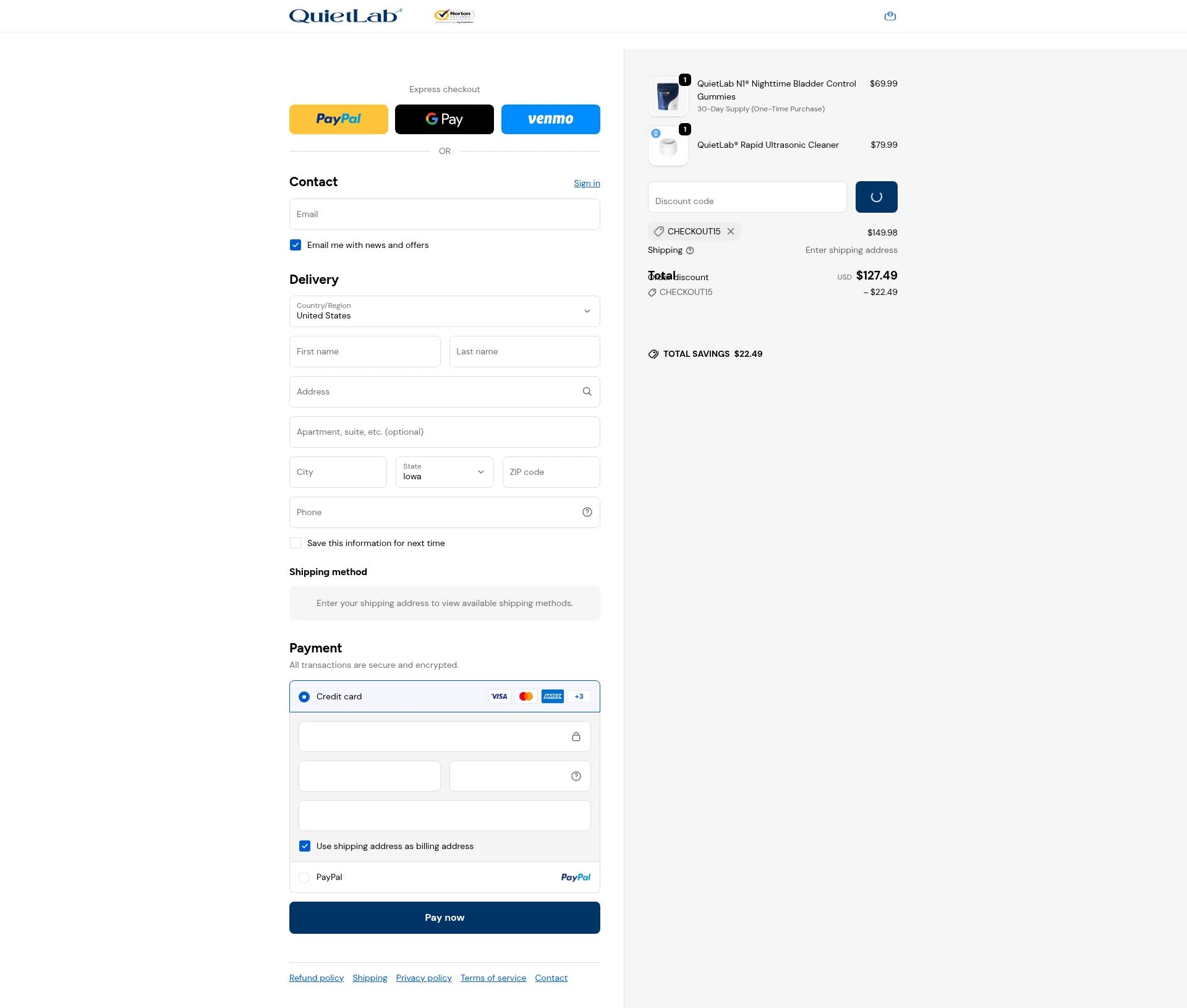 QuietLab checkout page showing QuietLab coupon code box | Screenshot taken by SimplyCodes community member on Jan 11, 2026