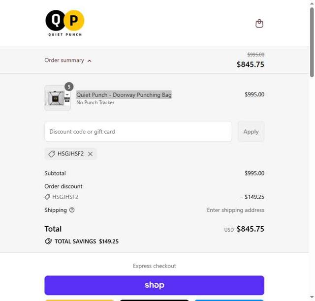 Quiet Punch checkout page showing Quiet Punch discount code box | Screenshot taken by SimplyCodes community member on Sep 9, 2025