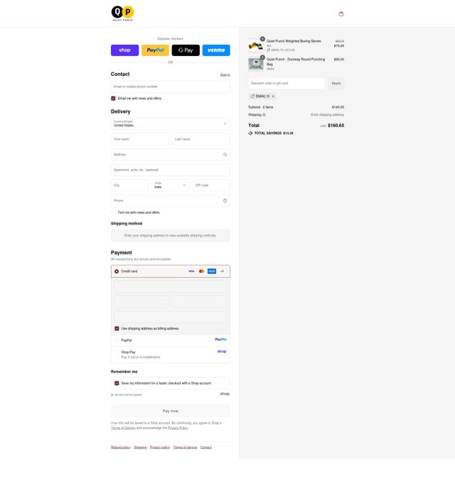 Quiet Punch checkout page showing Quiet Punch discount code box | Screenshot taken by SimplyCodes community member on Sep 12, 2025