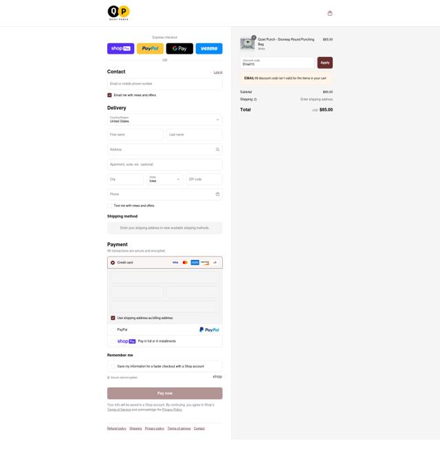 Quiet Punch checkout page showing Quiet Punch discount code box | Screenshot taken by SimplyCodes community member on Jul 31, 2025