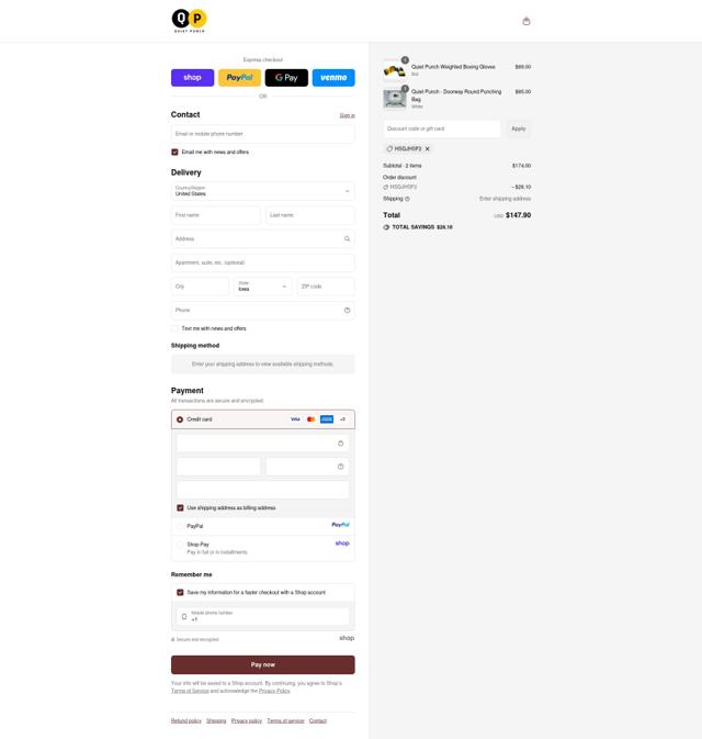 Quiet Punch checkout page showing Quiet Punch discount code box | Screenshot taken by SimplyCodes community member on Sep 12, 2025