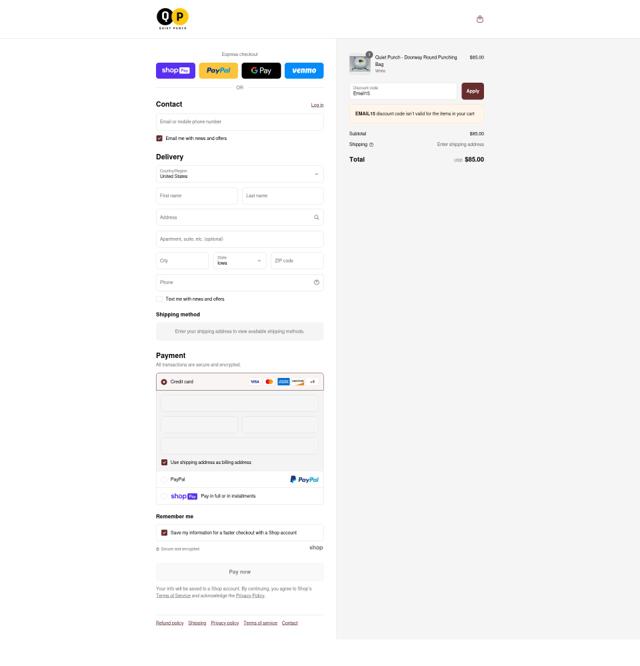 Quiet Punch checkout page showing Quiet Punch discount code box | Screenshot taken by SimplyCodes community member on Aug 5, 2025