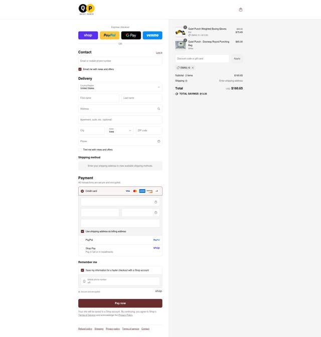 Quiet Punch checkout page showing Quiet Punch discount code box | Screenshot taken by SimplyCodes community member on Sep 8, 2025