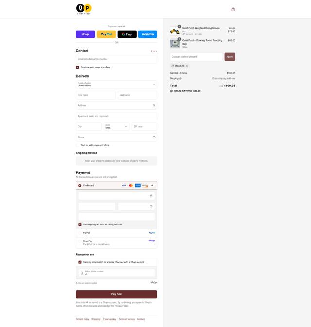 Quiet Punch checkout page showing Quiet Punch discount code box | Screenshot taken by SimplyCodes community member on Sep 4, 2025