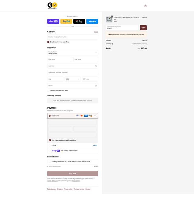 Quiet Punch checkout page showing Quiet Punch discount code box | Screenshot taken by SimplyCodes community member on Aug 13, 2025