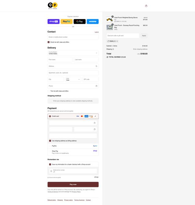 Quiet Punch checkout page showing Quiet Punch discount code box | Screenshot taken by SimplyCodes community member on Aug 26, 2025