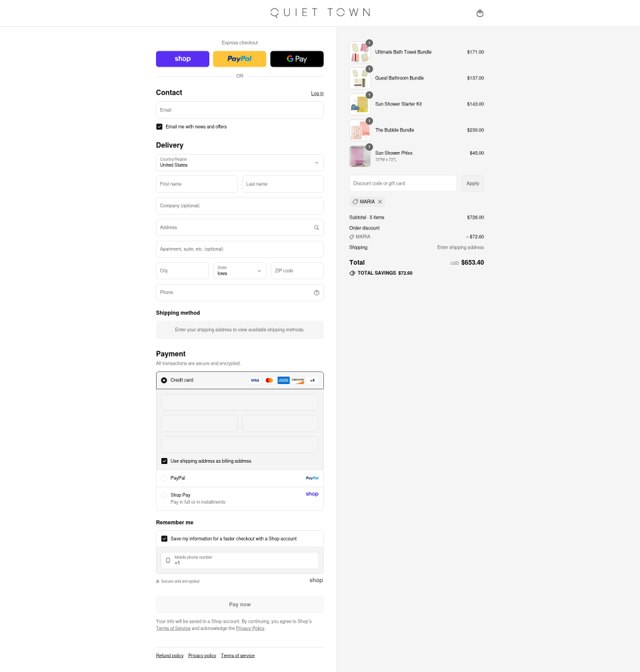 Quiet Town checkout page showing Quiet Town discount code box | Screenshot taken by SimplyCodes community member on Sep 4, 2025