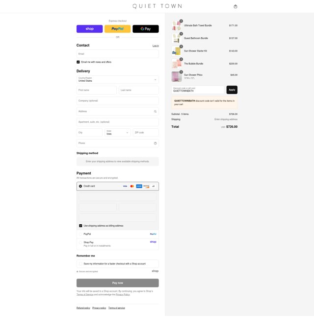 Quiet Town checkout page showing Quiet Town discount code box | Screenshot taken by SimplyCodes community member on Sep 4, 2025