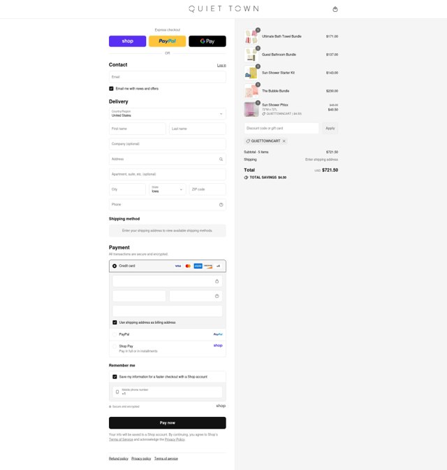 Quiet Town checkout page showing Quiet Town discount code box | Screenshot taken by SimplyCodes community member on Sep 4, 2025