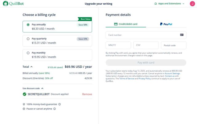 QuillBot checkout page showing QuillBot discount code box | Screenshot taken by SimplyCodes community member on Aug 14, 2025