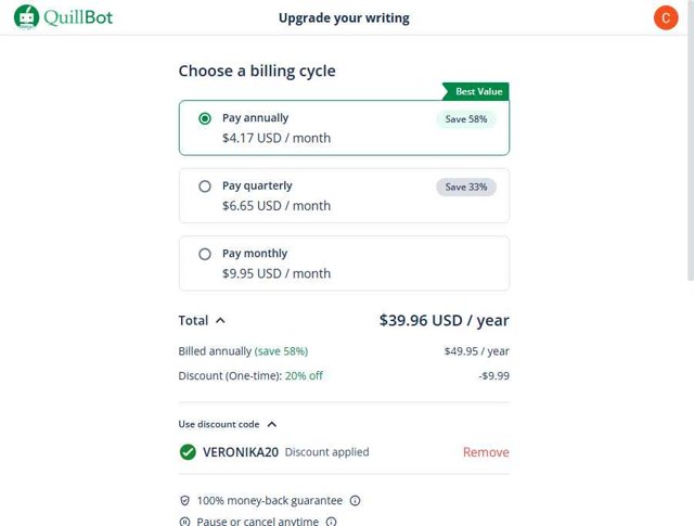 QuillBot checkout page showing QuillBot discount code box | Screenshot taken by SimplyCodes community member on Aug 15, 2025