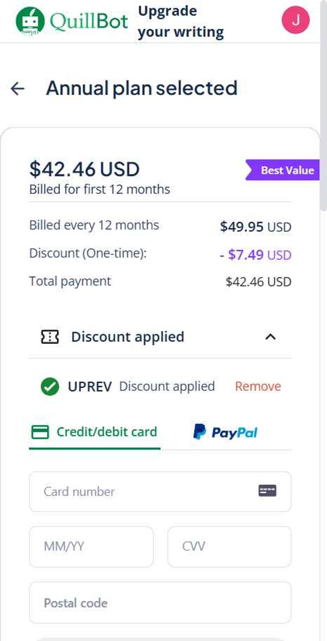 QuillBot checkout page showing QuillBot discount code box | Screenshot taken by SimplyCodes community member on Aug 16, 2025