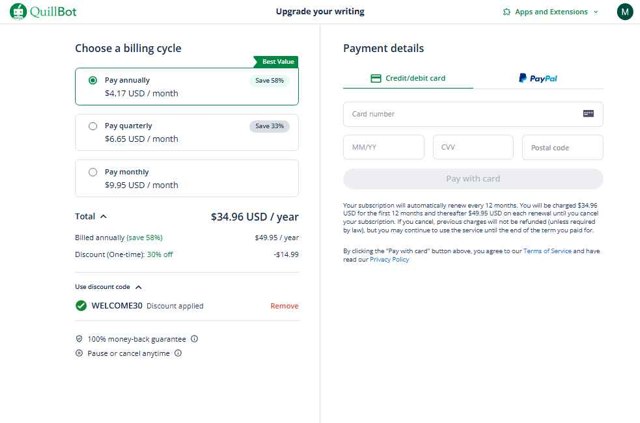 QuillBot checkout page showing QuillBot discount code box | Screenshot taken by SimplyCodes community member on Aug 7, 2025