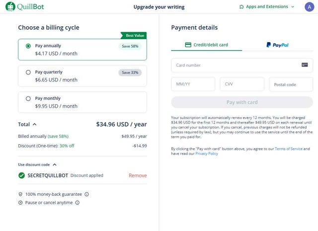 QuillBot checkout page showing QuillBot discount code box | Screenshot taken by SimplyCodes community member on Aug 21, 2025