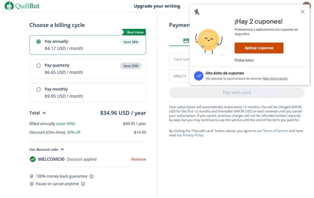 QuillBot checkout page showing QuillBot discount code box | Screenshot taken by SimplyCodes community member on Aug 11, 2025