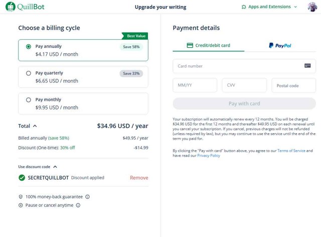 QuillBot checkout page showing QuillBot discount code box | Screenshot taken by SimplyCodes community member on Aug 22, 2025