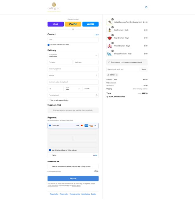 Quilling Card checkout page showing Quilling Card discount code box | Screenshot taken by SimplyCodes community member on Aug 31, 2025