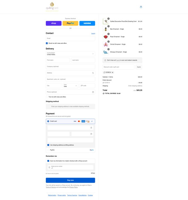 Quilling Card checkout page showing Quilling Card discount code box | Screenshot taken by SimplyCodes community member on Sep 4, 2025