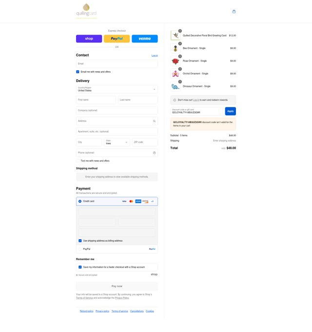 Quilling Card checkout page showing Quilling Card discount code box | Screenshot taken by SimplyCodes community member on Sep 4, 2025