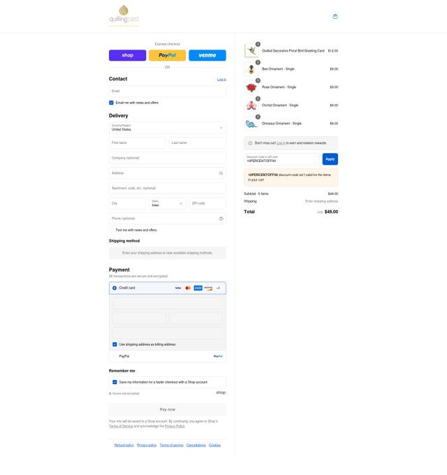 Quilling Card checkout page showing Quilling Card discount code box | Screenshot taken by SimplyCodes community member on Aug 31, 2025