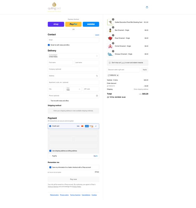 Quilling Card checkout page showing Quilling Card discount code box | Screenshot taken by SimplyCodes community member on Aug 31, 2025