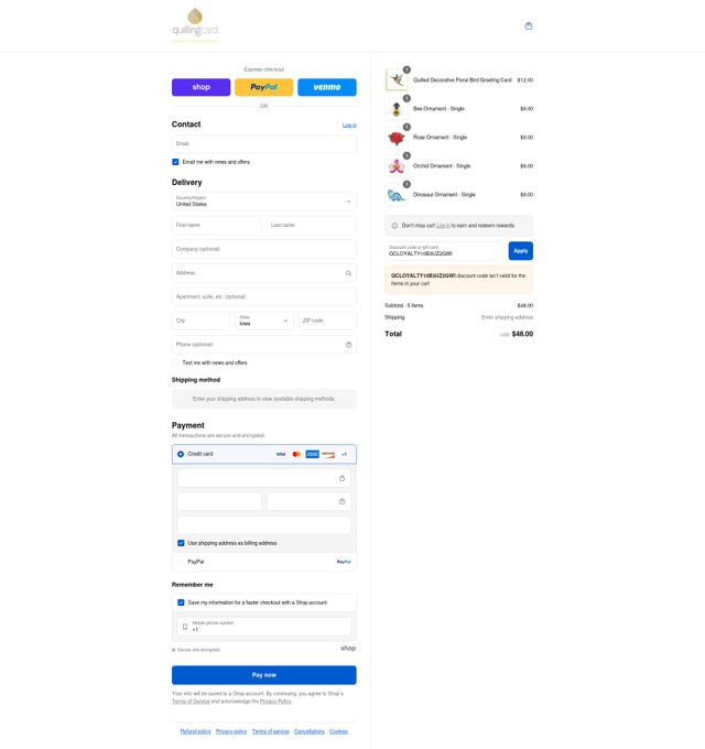 Quilling Card checkout page showing Quilling Card discount code box | Screenshot taken by SimplyCodes community member on Aug 31, 2025